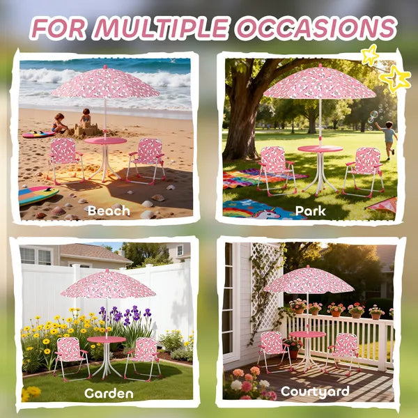 Qaba Kids Picnic Table, Kids Table and Chair Set with 2 Folding Chairs and Umbrella for Backyard, Garden, Patio, Pink - product image 7