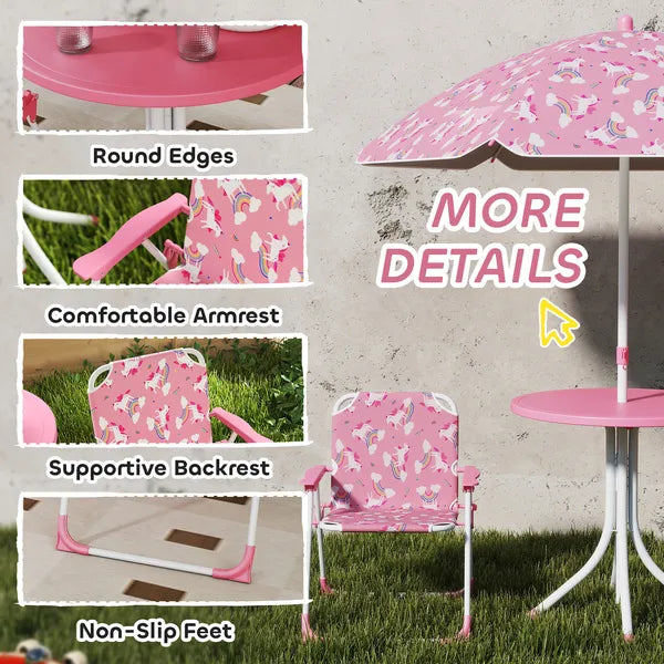 Qaba Kids Picnic Table, Kids Table and Chair Set with 2 Folding Chairs and Umbrella for Backyard, Garden, Patio, Pink - product image 6