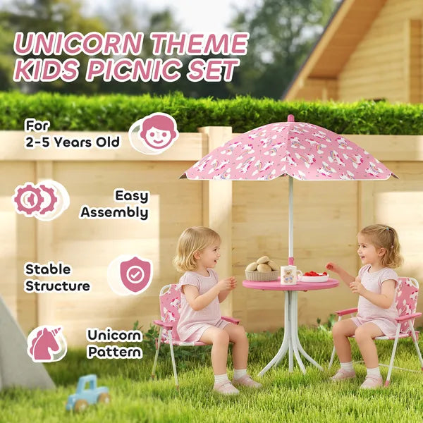 Qaba Kids Picnic Table, Kids Table and Chair Set with 2 Folding Chairs and Umbrella for Backyard, Garden, Patio, Pink - product image 4