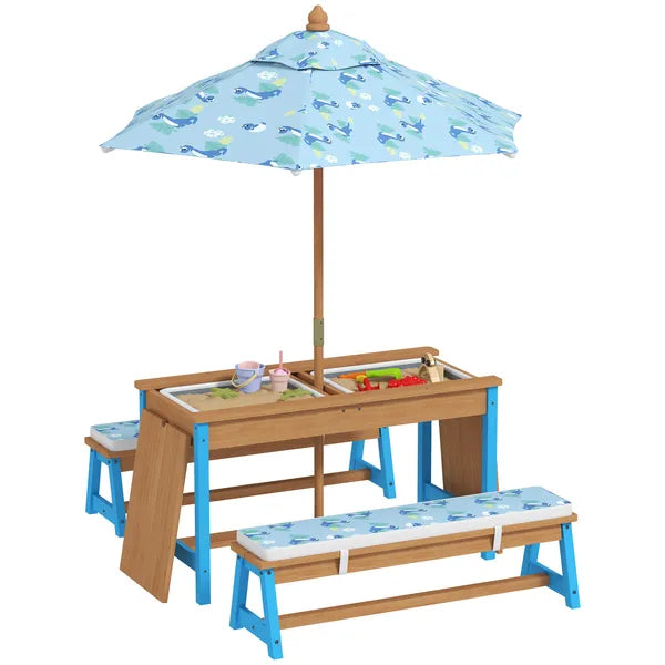 Kids Picnic Table Set with Foldable Umbrella, Removable Cushions and Boxes, Dinosaur Theme, Blue - product image 11