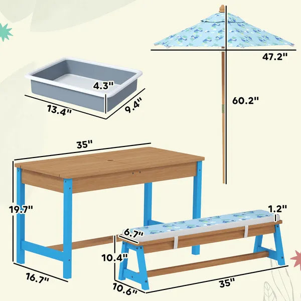 Kids Picnic Table Set with Foldable Umbrella, Removable Cushions and Boxes, Dinosaur Theme, Blue - product image 3
