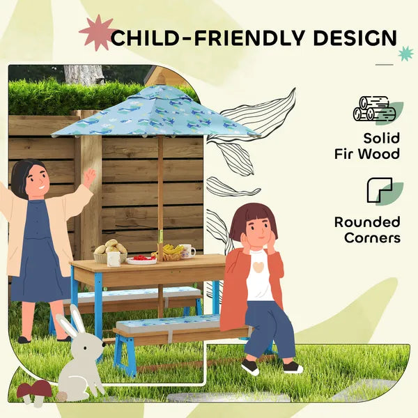 Kids Picnic Table Set with Foldable Umbrella, Removable Cushions and Boxes, Dinosaur Theme, Blue - product image 6