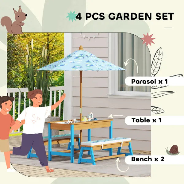 Kids Picnic Table Set with Foldable Umbrella, Removable Cushions and Boxes, Dinosaur Theme, Blue - product image 4