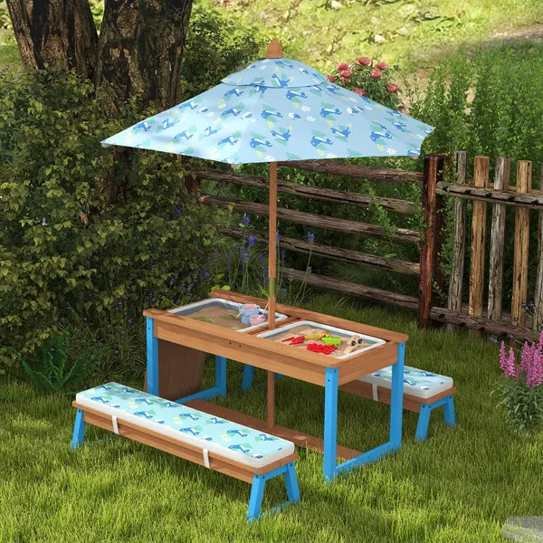 Kids Picnic Table Set with Foldable Umbrella, Removable Cushions and Boxes, Dinosaur Theme, Blue - product image 2