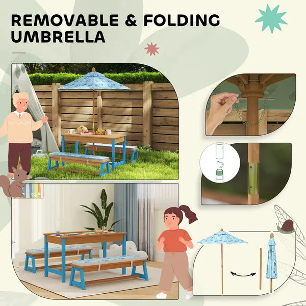 Kids Picnic Table Set with Foldable Umbrella, Removable Cushions and Boxes, Dinosaur Theme, Blue - product image 7