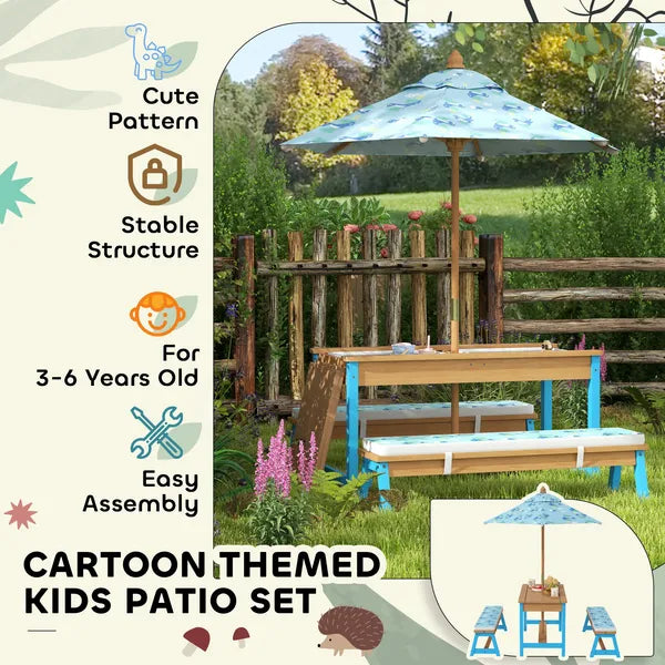 Kids Picnic Table Set with Foldable Umbrella, Removable Cushions and Boxes, Dinosaur Theme, Blue - product image 8