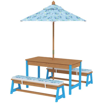 Kids Picnic Table Set with Foldable Umbrella, Removable Cushions and Boxes, Dinosaur Theme, Blue - product image 1