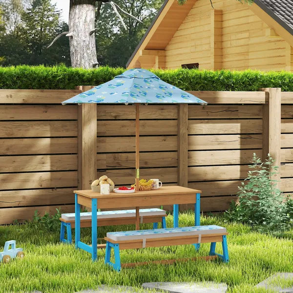 Kids Picnic Table Set with Foldable Umbrella, Removable Cushions and Boxes, Dinosaur Theme, Blue - product image 10