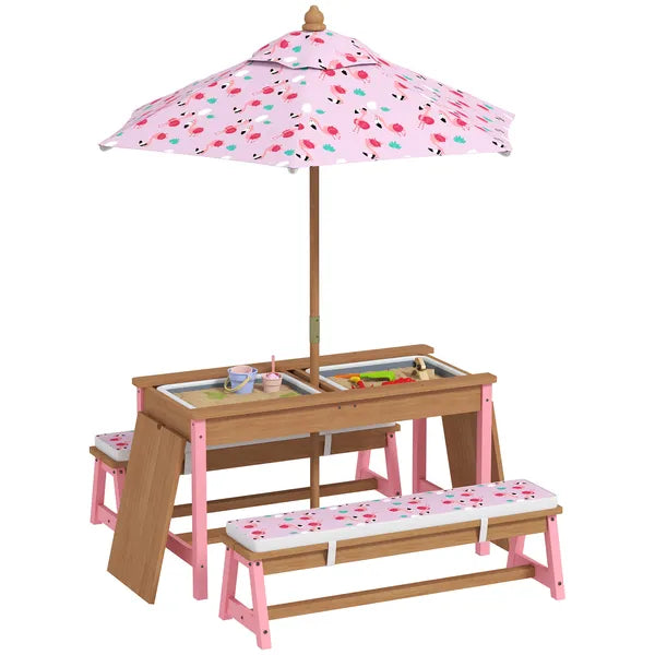 Kids Picnic Table Set with Foldable Umbrella, Removable Cushions and Boxes, Flamingo Theme, Pink - product image 11