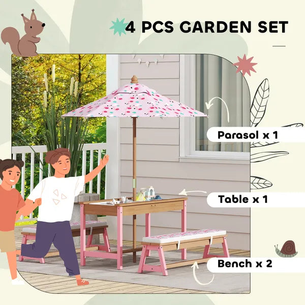 Kids Picnic Table Set with Foldable Umbrella, Removable Cushions and Boxes, Flamingo Theme, Pink - product image 4