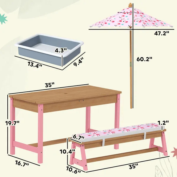 Kids Picnic Table Set with Foldable Umbrella, Removable Cushions and Boxes, Flamingo Theme, Pink - product image 3