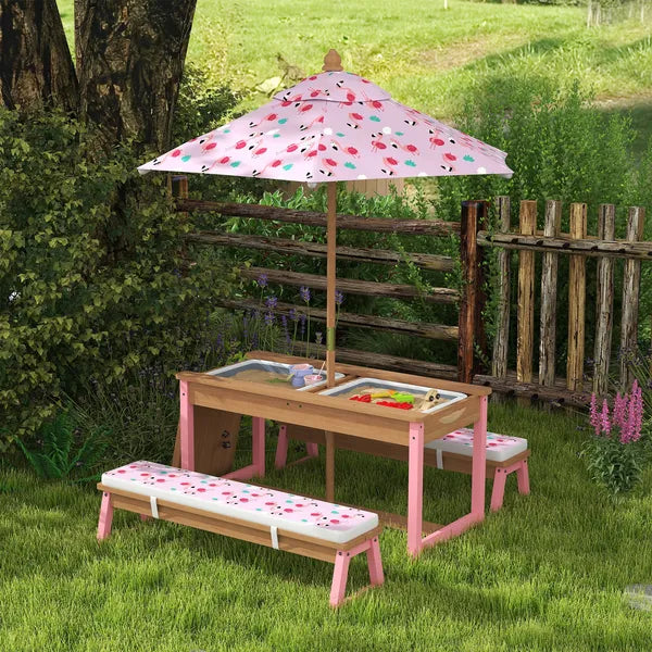 Kids Picnic Table Set with Foldable Umbrella, Removable Cushions and Boxes, Flamingo Theme, Pink - product image 2