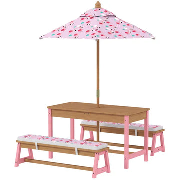 Kids Picnic Table Set with Foldable Umbrella, Removable Cushions and Boxes, Flamingo Theme, Pink - product image 1