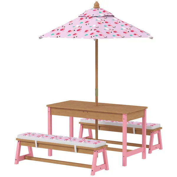 Kids Picnic Table Set with Foldable Umbrella, Removable Cushions and Boxes, Flamingo Theme, Pink - product image 1