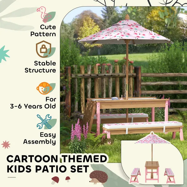 Kids Picnic Table Set with Foldable Umbrella, Removable Cushions and Boxes, Flamingo Theme, Pink - product image 8