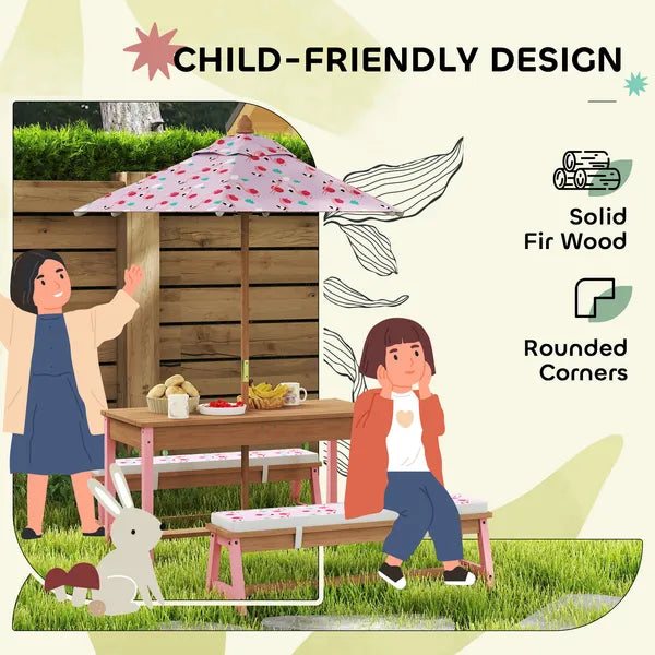 Kids Picnic Table Set with Foldable Umbrella, Removable Cushions and Boxes, Flamingo Theme, Pink - product image 6