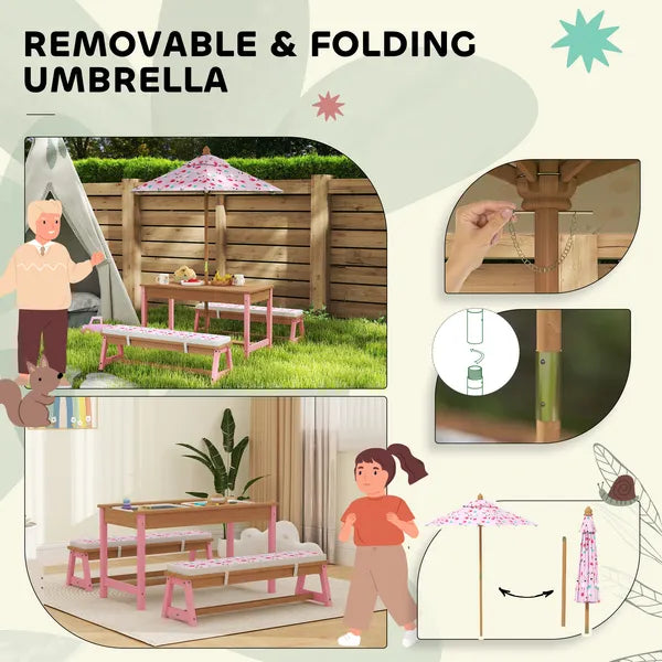 Kids Picnic Table Set with Foldable Umbrella, Removable Cushions and Boxes, Flamingo Theme, Pink - product image 7