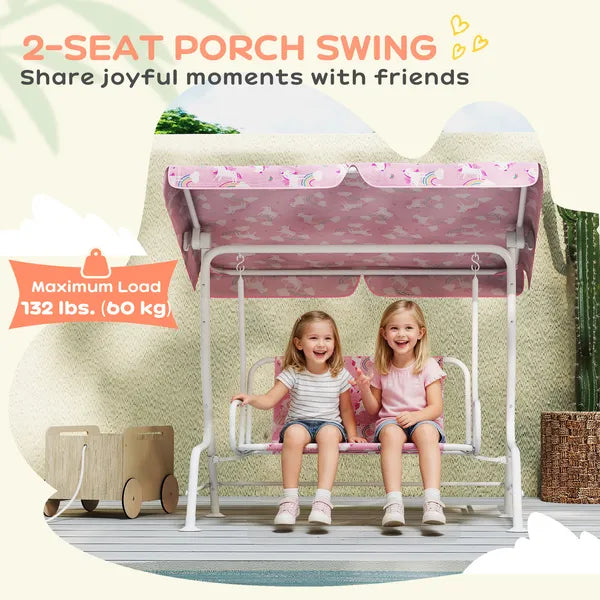 Kids Porch Swing, 2-Seater Patio Swing Bench with Safety Belts, Adjustable Canopy for Backyard, Garden, Pink - product image 4