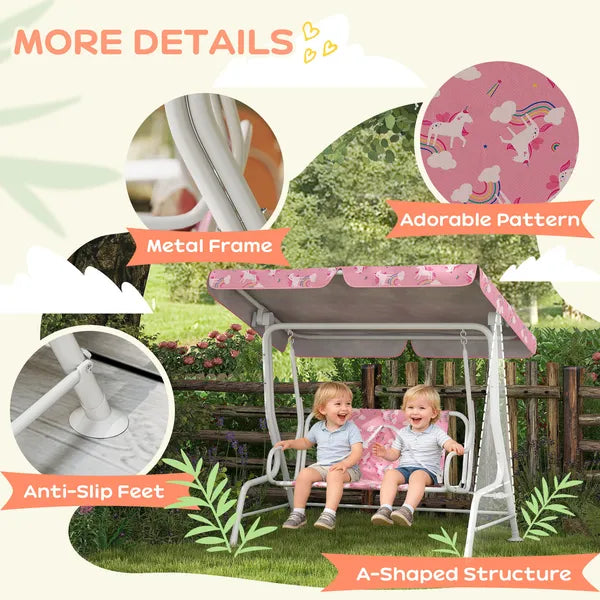 Kids Porch Swing, 2-Seater Patio Swing Bench with Safety Belts, Adjustable Canopy for Backyard, Garden, Pink - product image 5