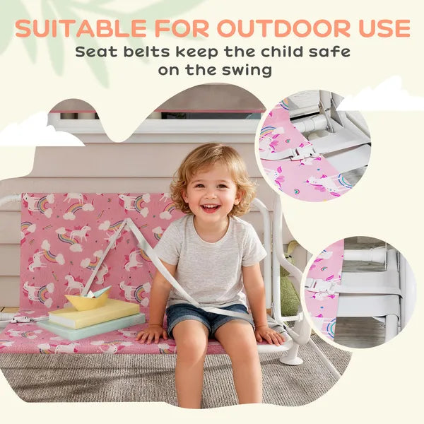 Kids Porch Swing, 2-Seater Patio Swing Bench with Safety Belts, Adjustable Canopy for Backyard, Garden, Pink - product image 6