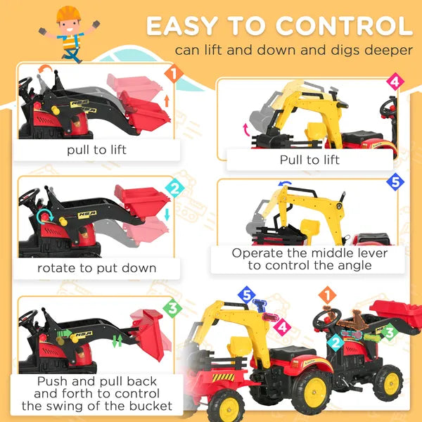 Aosom Kids Ride On Excavator Toy Pedal Powered Digger with 6 Wheels Detachable Trailer Controllable Bucket for Ages 3-6 - product image 6