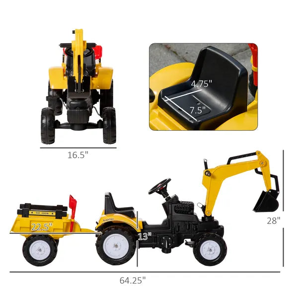 Kid's Ride-On Toy, Pedal Digger Construction Car with Horn and Detachable Trailer, Yellow - product image 3