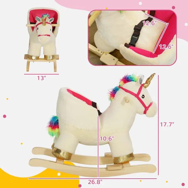 Kids Rocking Horse, Unicorn with Realistic Sound, Safety Belt and Wooden Base for 18-36 Months - product image 3