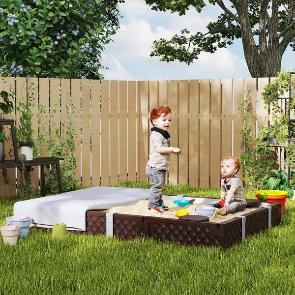 Kids Sandbox with Cover, 4 Corner Seats, Bottom Liner for Backyard, Garden, Outdoor, 73" x 47" x 9", Dark Brown - product image 9