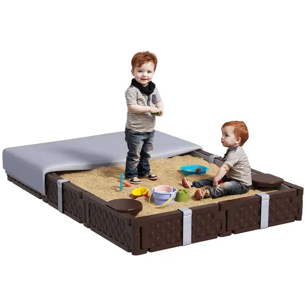 Kids Sandbox with Cover, 4 Corner Seats, Bottom Liner for Backyard, Garden, Outdoor, 73" x 47" x 9", Dark Brown - product image 11
