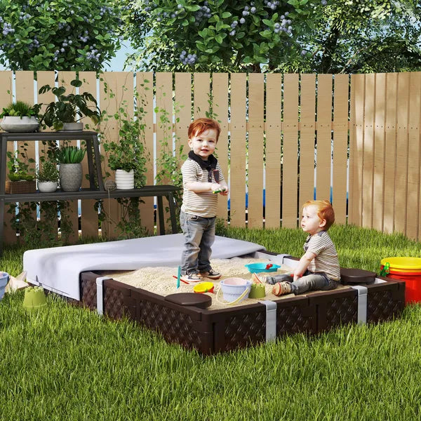 Kids Sandbox with Cover, 4 Corner Seats, Bottom Liner for Backyard, Garden, Outdoor, 73" x 47" x 9", Dark Brown - product image 10