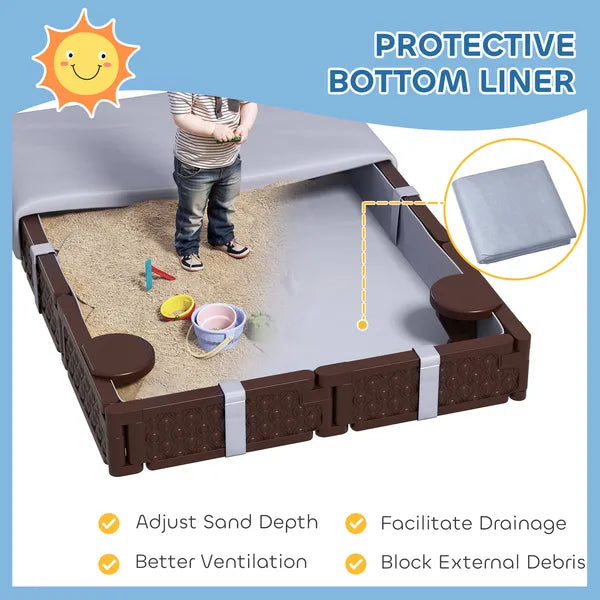 Kids Sandbox with Cover, 4 Corner Seats, Bottom Liner for Backyard, Garden, Outdoor, 73" x 47" x 9", Dark Brown - product image 6