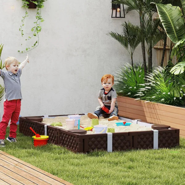 Kids Sandbox with Cover, 4 Corner Seats, Bottom Liner for Backyard, Garden, Outdoor, 73" x 47" x 9", Dark Brown - product image 2
