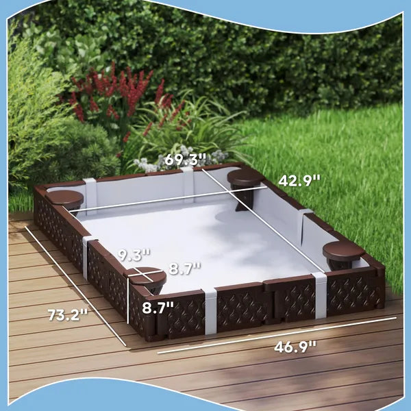 Kids Sandbox with Cover, 4 Corner Seats, Bottom Liner for Backyard, Garden, Outdoor, 73" x 47" x 9", Dark Brown - product image 3