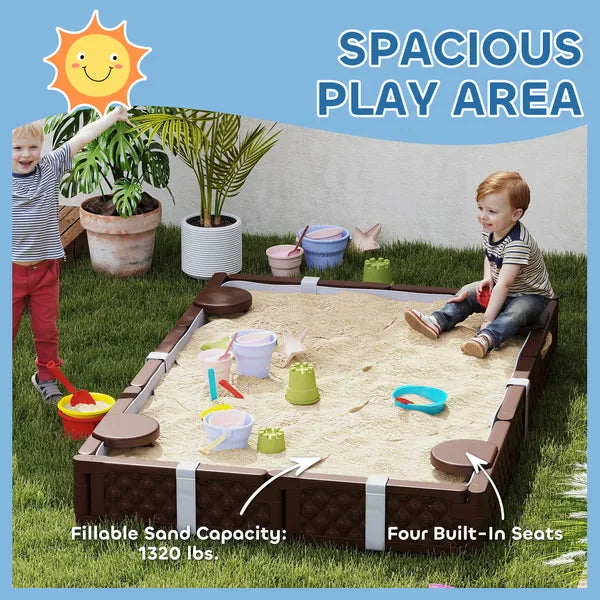 Kids Sandbox with Cover, 4 Corner Seats, Bottom Liner for Backyard, Garden, Outdoor, 73" x 47" x 9", Dark Brown - product image 4