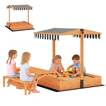 Qaba Kids Sandbox with Lid, Wooden Sand Pit with Canopy, Foldable Picnic Table, Bench Seats, Bottom Liner, Cover, Brown - product image 1