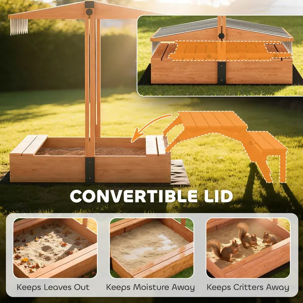 Qaba Kids Sandbox with Lid, Wooden Sand Pit with Canopy, Foldable Picnic Table, Bench Seats, Bottom Liner, Cover, Brown - product image 5