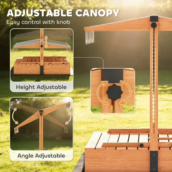 Qaba Kids Sandbox with Lid, Wooden Sand Pit with Canopy, Foldable Picnic Table, Bench Seats, Bottom Liner, Cover, Brown - product image 4