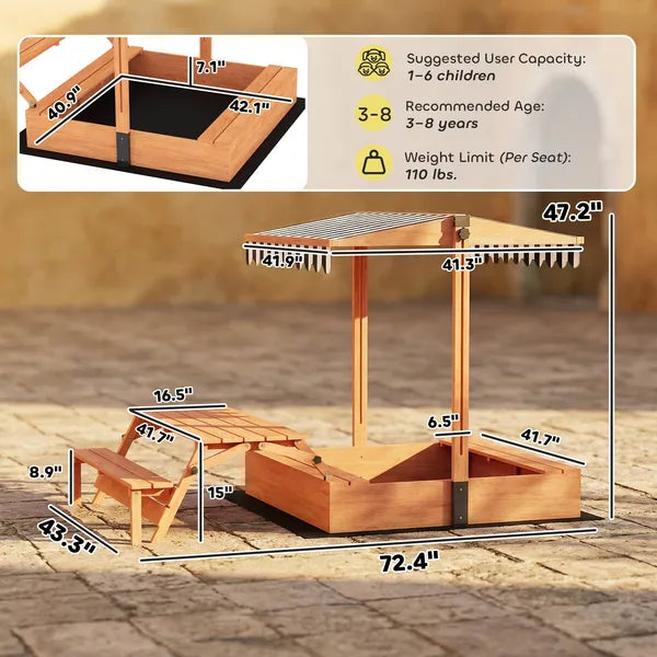 Qaba Kids Sandbox with Lid, Wooden Sand Pit with Canopy, Foldable Picnic Table, Bench Seats, Bottom Liner, Cover, Brown - product image 2