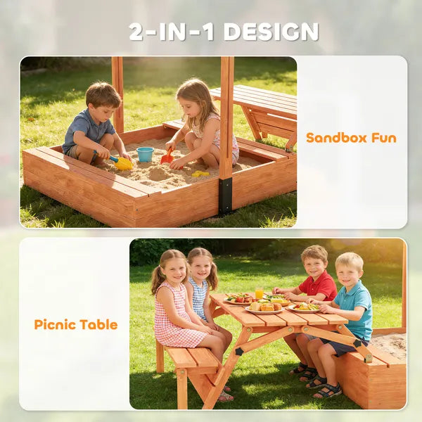 Qaba Kids Sandbox with Lid, Wooden Sand Pit with Canopy, Foldable Picnic Table, Bench Seats, Bottom Liner, Cover, Brown - product image 3