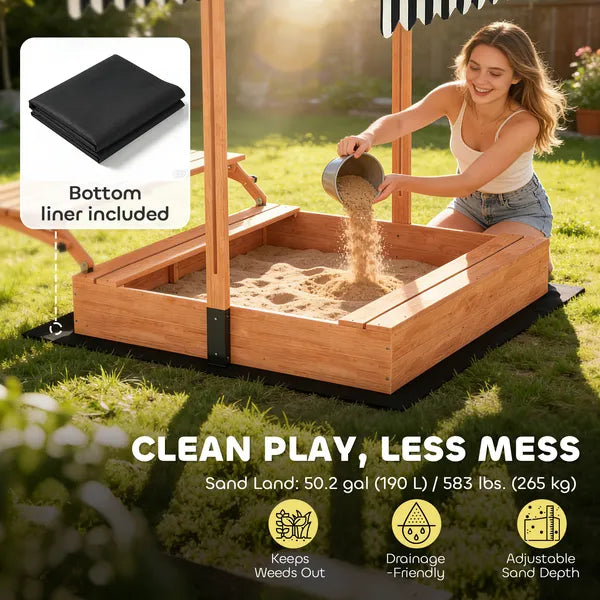 Qaba Kids Sandbox with Lid, Wooden Sand Pit with Canopy, Foldable Picnic Table, Bench Seats, Bottom Liner, Cover, Brown - product image 6