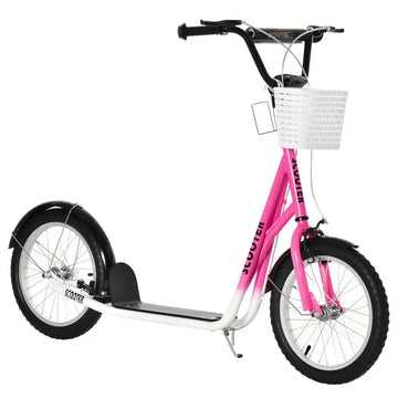 Aosom kids Scooter, Kick Scooter with Adjustable Handlebars, Double Brakes, Inflatable Rubber Tires, Basket, Cupholder, Mudguard, Pink - product image 1