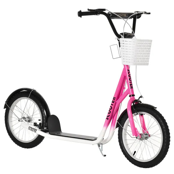 Aosom kids Scooter, Kick Scooter with Adjustable Handlebars, Double Brakes, Inflatable Rubber Tires, Basket, Cupholder, Mudguard, Pink - product image 1