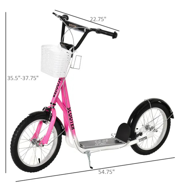 Aosom kids Scooter, Kick Scooter with Adjustable Handlebars, Double Brakes, Inflatable Rubber Tires, Basket, Cupholder, Mudguard, Pink - product image 3