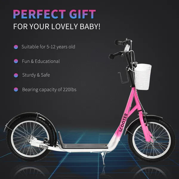 Aosom kids Scooter, Kick Scooter with Adjustable Handlebars, Double Brakes, Inflatable Rubber Tires, Basket, Cupholder, Mudguard, Pink - product image 5