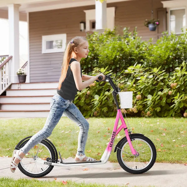 Aosom kids Scooter, Kick Scooter with Adjustable Handlebars, Double Brakes, Inflatable Rubber Tires, Basket, Cupholder, Mudguard, Pink - product image 2