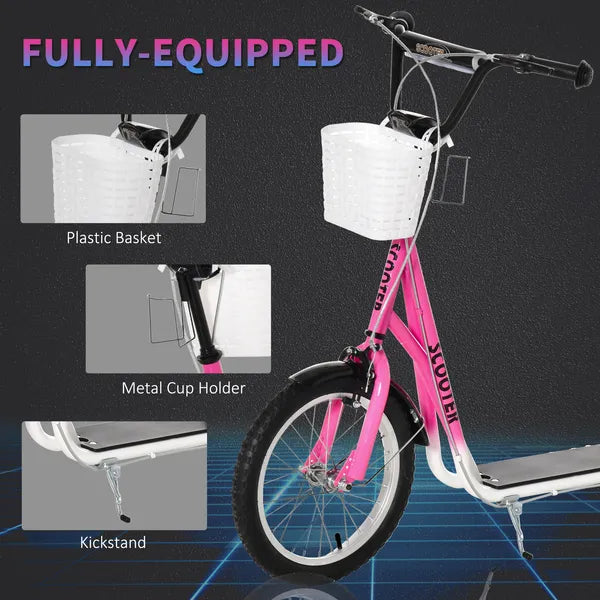 Aosom kids Scooter, Kick Scooter with Adjustable Handlebars, Double Brakes, Inflatable Rubber Tires, Basket, Cupholder, Mudguard, Pink - product image 6