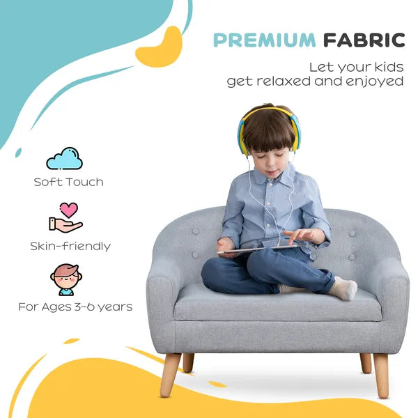 Kids Sofa Gray 2-Seat Comfortable Linen Fabric Wooden Frame Child Couch for Ages 3-6 Playroom Furniture - product image 5