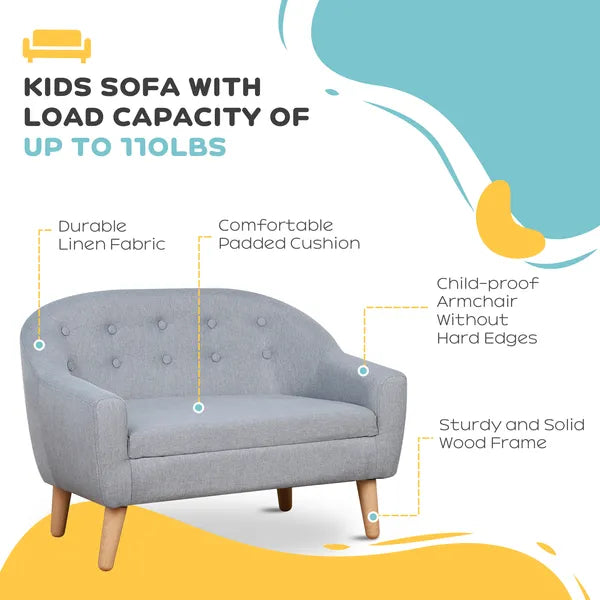 Kids Sofa Gray 2-Seat Comfortable Linen Fabric Wooden Frame Child Couch for Ages 3-6 Playroom Furniture - product image 6