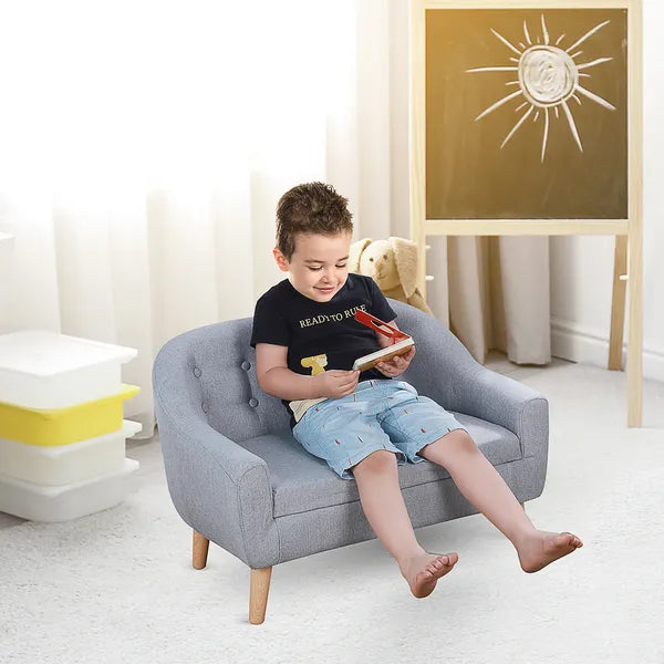 Kids Sofa Gray 2-Seat Comfortable Linen Fabric Wooden Frame Child Couch for Ages 3-6 Playroom Furniture - product image 2