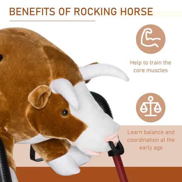 Qaba Kids Spring Rocking Horse, Rocking Rodeo Bull Ride On Rocking Horse with Realistic Sounds and Soft Plush Fabric, for Kids Over 3, Brown - product image 6